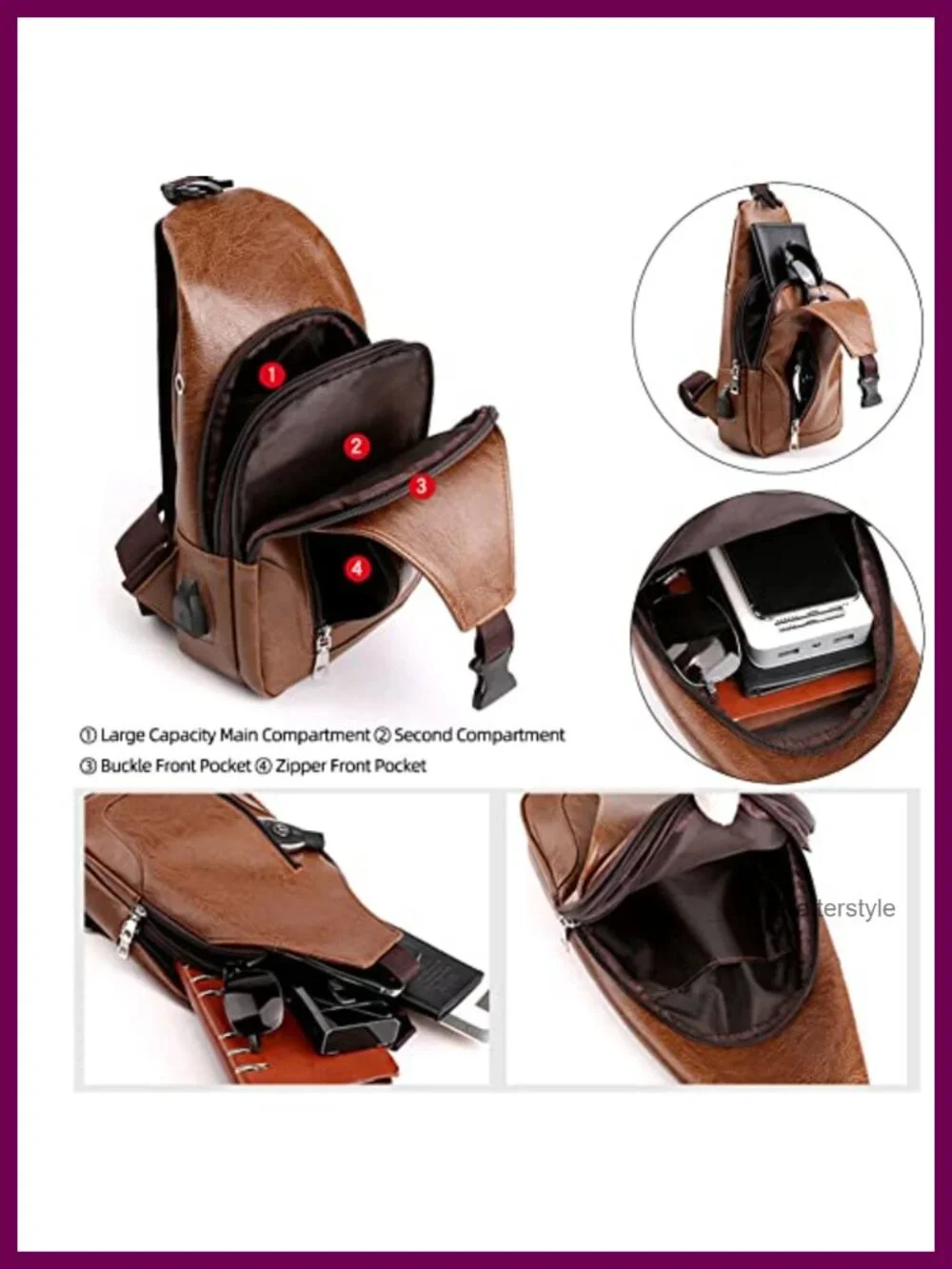 PU Leather Sling Bag Men's Crossbody Chest Backpack with USB Port